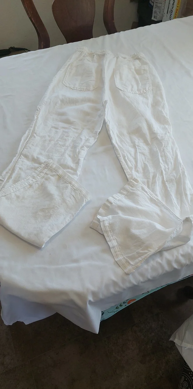 Zara White Elastic Waist Linen Pants Hems Open At The Bottom For Cooler Legs .XS